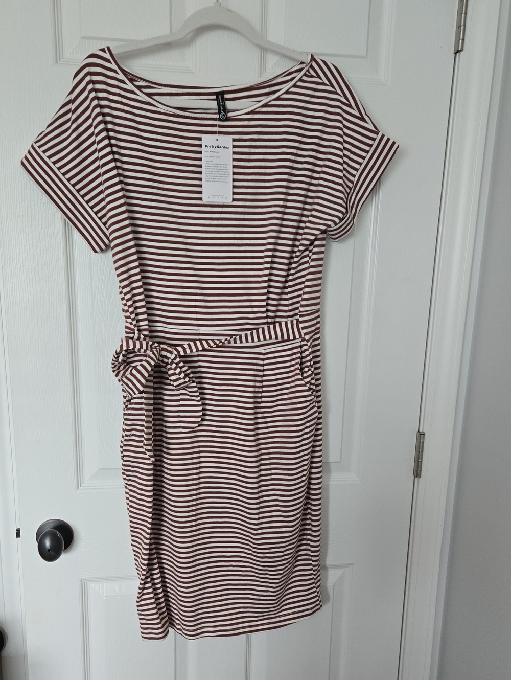 Striped Short Sleeve Belted Dress in Brown and White